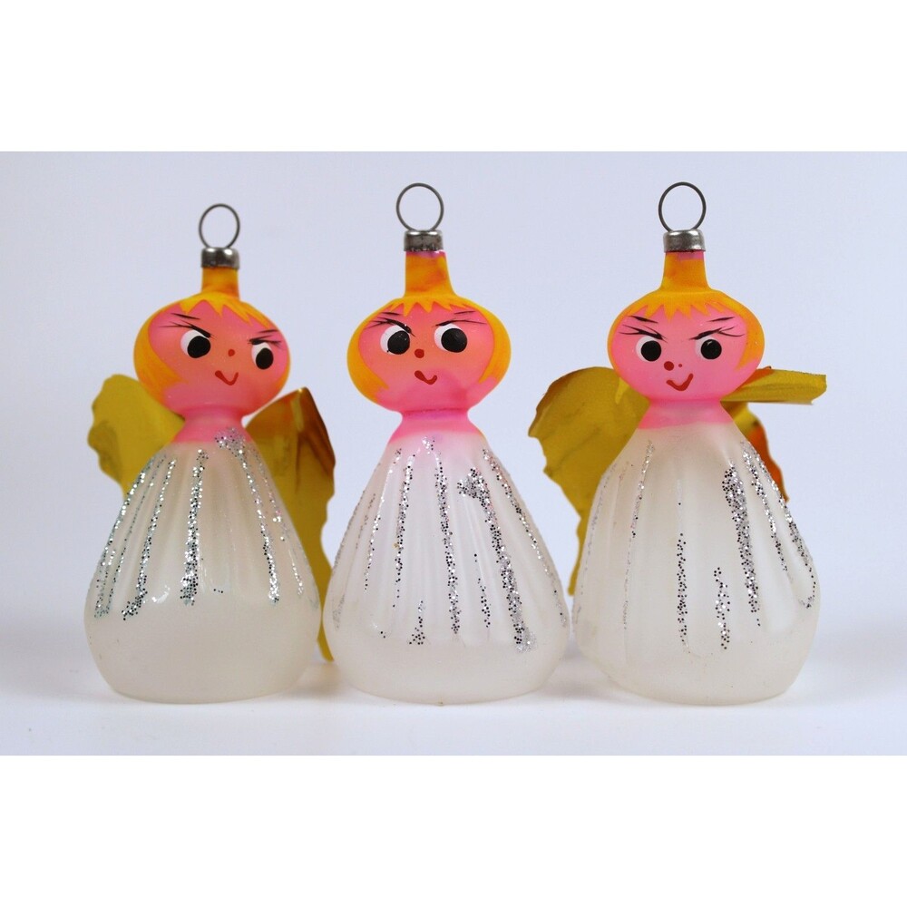 De Carlini Glass Angel Mid Century Christmas Ornaments-Pink-Silver Set of 3